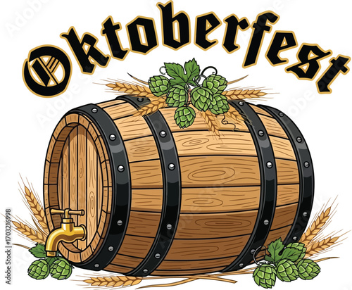 Oktoberfest illustration featuring a wooden barrel with beer tap, hops, and wheat
