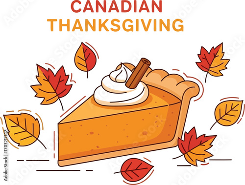Slice of pumpkin pie with whipped cream and cinnamon stick for the Canadian Thanksgiving celebration