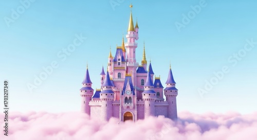 A magical pink castle with golden towers rises from a sea of fluffy clouds under a bright blue sky, evoking dreams of fairy tales