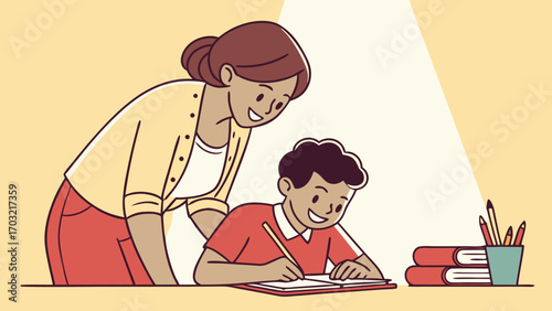 Teacher helping student with homework at desk.