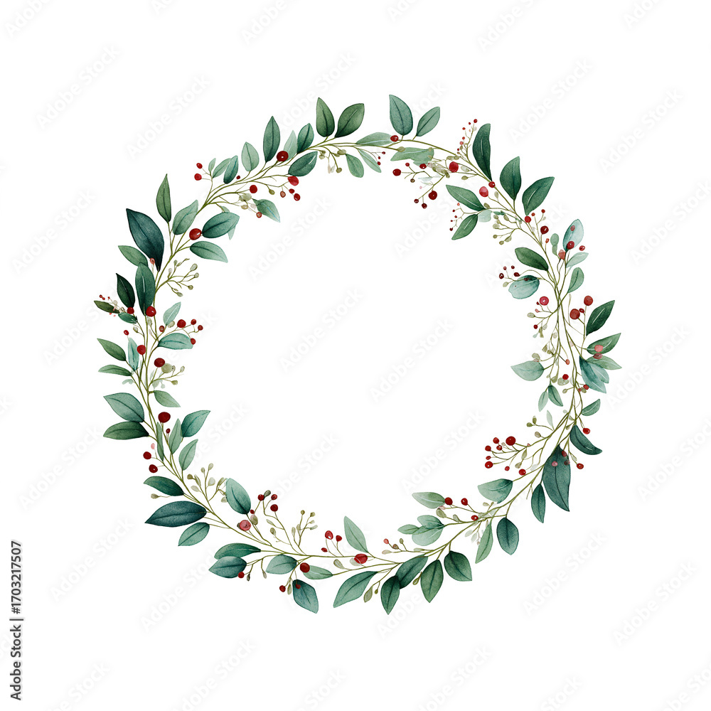 Obraz premium Watercolor botanical wreath with green leaves and red berries, hand-painted and isolated on a transparent background. Ideal for seasonal design, invitations, and nature-themed projects.