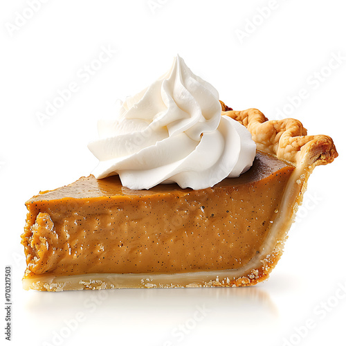 Slice of pumpkin pie with whipped cream topping on a white background