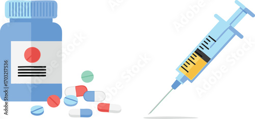 Pills and syringe representing medical treatment and vaccination on white background, symbolizing healthcare and pharmaceutical solutions for wellness.