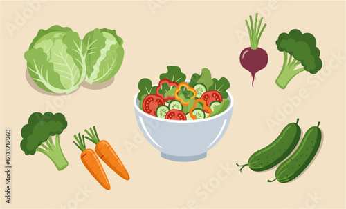 A vibrant and healthy assortment of fresh vegetables, including lettuce, carrots, broccoli, and cucumbers, arranged in a bowl, perfect for a nutritious meal.