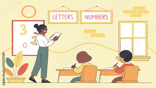 Classroom scene with teacher and students learning numbers and letters.