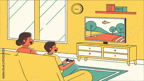 Mother and child playing video games together at home.