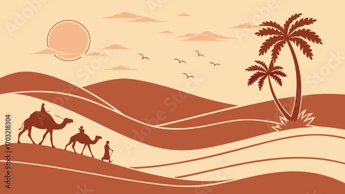 Desert Caravan Silhouette with Camels and Palm Trees at Sunset.