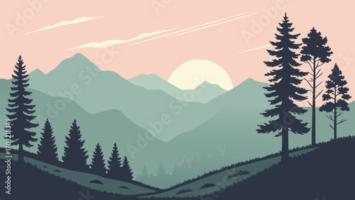 Silhouette of pine trees against a sunset mountain landscape.