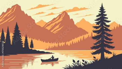 Lone person paddles canoe across calm lake at sunset.
