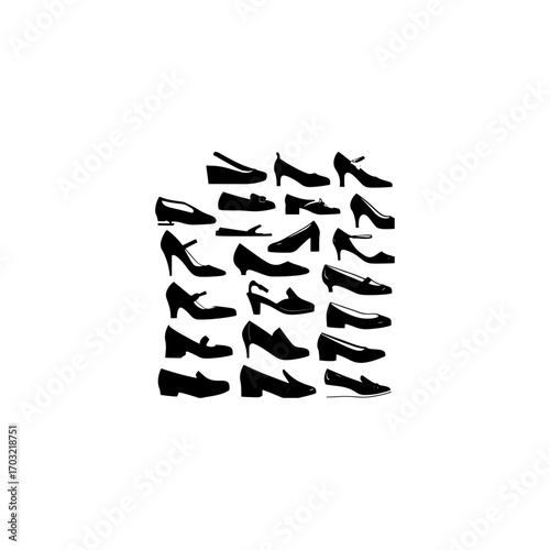 Set of elegant black silhouette women shoes, high heels, formal footwear icons, stylish fashion vector, modern female shoe design collection 