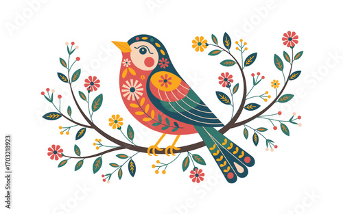 Decorative Bird Illustration: Colorful Folk Art Bird Perched on Blooming Branch with Flowers, Leaves, and Berries in Bright Palette