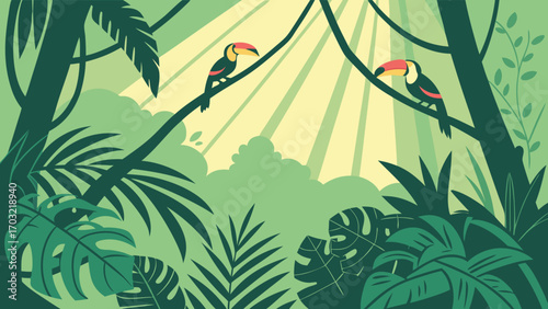 Two toucans perched on a branch in a lush green jungle scene.