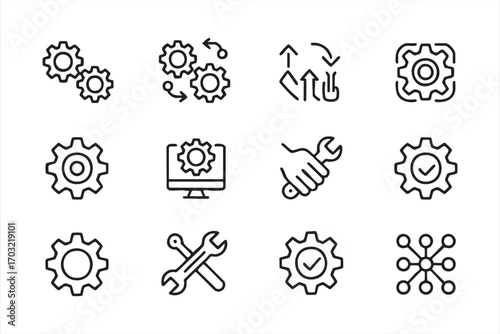 Settings and maintenance icons vector set with gears wrench computer tools configuration and system management outline design