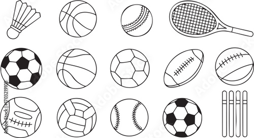 Vector sports balls icon collection including football rugby bowling and volleyball