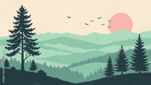 Majestic evergreen trees at sunset mountain view.
