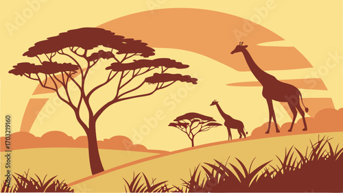 Two giraffes walking in the African savanna with acacia trees.