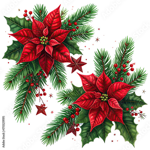 Vibrant Christmas floral arrangement with poinsettias, holly, and pine branches. 