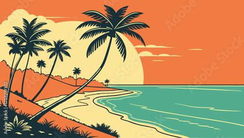 Tropical palm trees on a sandy beach at sunset.