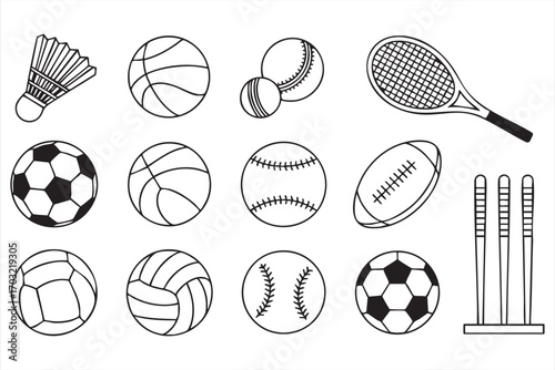 Sports ball icons vector outline set with basketball soccer tennis and baseball