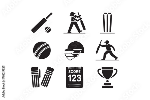 Vector cricket illustration pack including scoreboard players and equipment