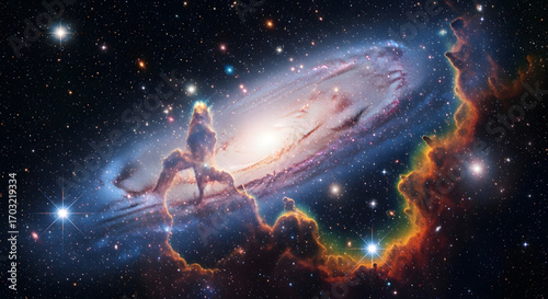 Majestic spiral galaxy and swirling cosmic nebulae unfurl across the deep space canvas, revealing a vibrant palette of celestial hues and stardust