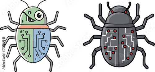 Two stylized bugs with circuit board patterns stand sidebyside, representing software bugs and technical glitches in a playful, cartoonish style.