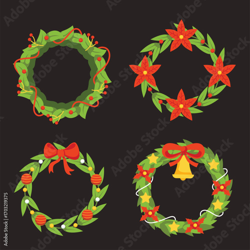 Four festive christmas wreaths with poinsettias and bells