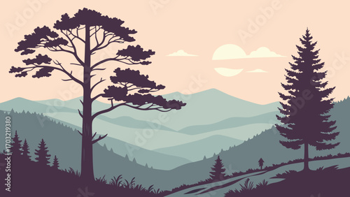 Majestic Mountain Landscape with Pine Trees.