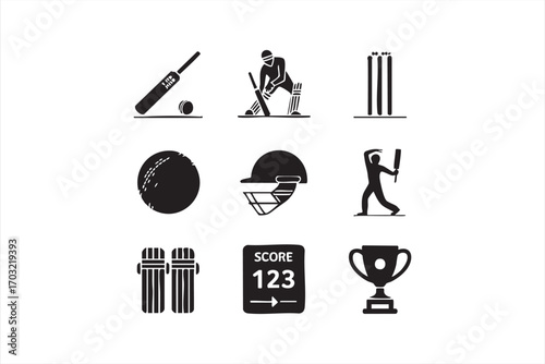 Black silhouette cricket icons vector pack with batsmen helmet and wickets