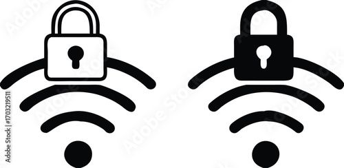 Wi Fi Icons. Black and White Vector Illustrations. Padlock and Wi Fi Internet. Protecting Wireless Network from Unauthorized Access. Concept Password and Data Security

