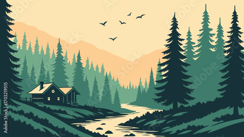 Cabin by the River in a Forest Landscape.