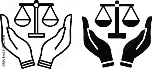 Fair Icons. Black and White Vector Illustrations. Scales of Justice in Human Hands. Acting Impartially, According to Truth. Concept Fairness

