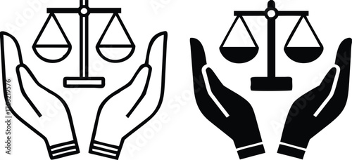 Fair Icons. Black and White Vector Illustrations. Scales of Justice in Human Hands. Acting Impartially, According to Truth. Concept Fairness


