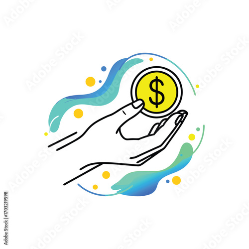 A hand holding a dollar coin with abstract colorful background icon , vector on transparent background