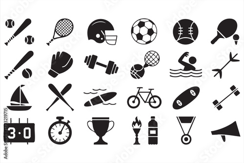 Vector sports equipment icons set including trophy medal stopwatch and megaphone