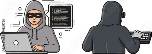 Hacker in hoodie using laptop and keyboard to commit cybercrime, with code on screen, creating a sense of digital threat and anonymity.