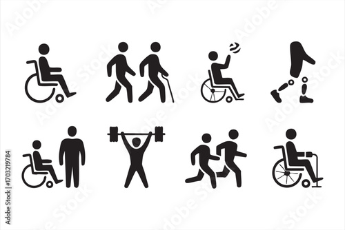 Wheelchair sports icons collection with running crutches prosthetics and athletes
