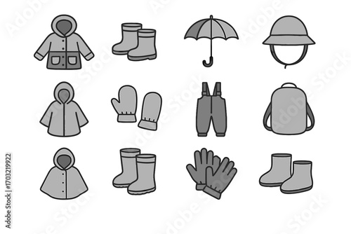Umbrella rain gear pants vector waterproof poncho gloves kids colorful icon shoe
