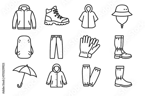 Gear poncho boots vector icon raincoat trekking hat hiking waterproof cover rain