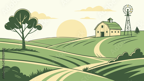 Idyllic Farm Landscape with Barn, Windmill, and Rolling Green Hills.