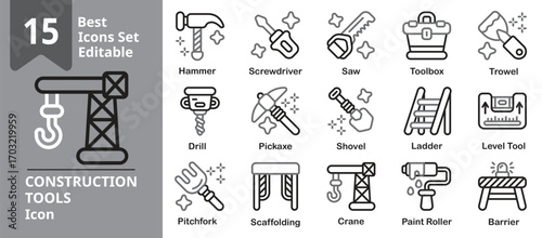 Constructions Tools icons. Contains wrench, screwdriver, saw, drill, toolbox, and building equipment. Editable outline vector illustration.