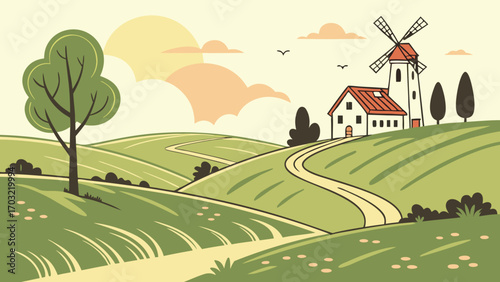 Scenic rural landscape with farmhouse and windmill.