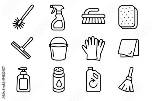 Vector powder dispenser cleaning icon scrub bucket bathroom tile broom bottle icons