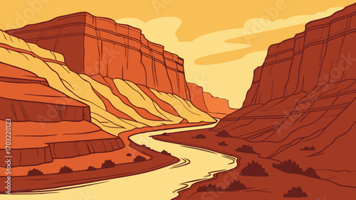 Stylized Hand Drawn Illustration of a Canyon River Landscape.