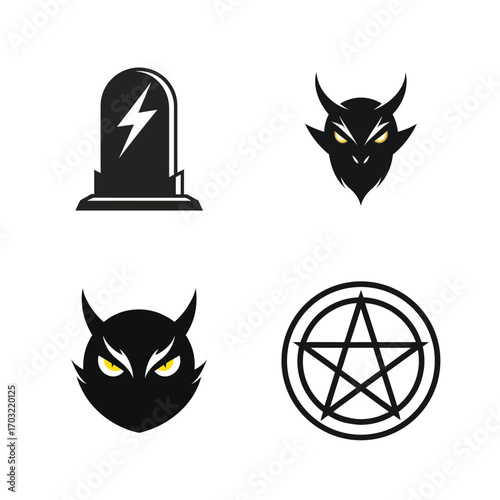 Black devil faces tombstone lightning bolt pentagram