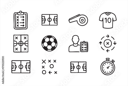 Football training icons collection including coach stopwatch whistle and field