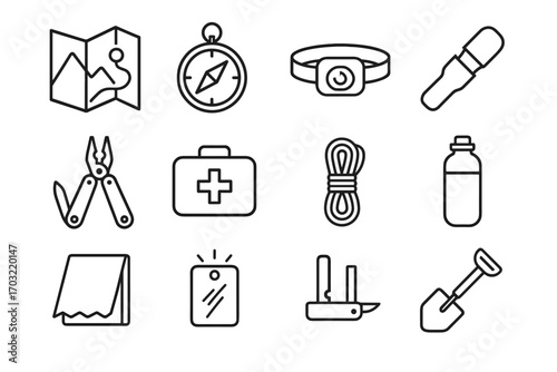 Fire tools bottle headlamp map whistle aid vector hiking starter shovel icon