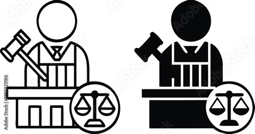 Judge Icons. Black and White Vector Illustrations. Judge, Gavel, and Scales. Official Who Considers and Resolves Civil, Criminal, and Administrative Cases. Justice Concept

