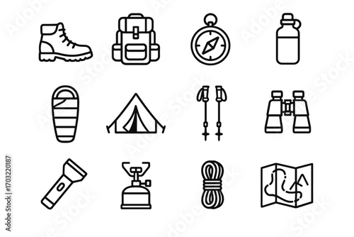 Sleeping outdoor icon map stove rope tent trekking camp icons vector adventure