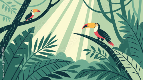 Two toucans perched on branches in a lush green jungle scene.